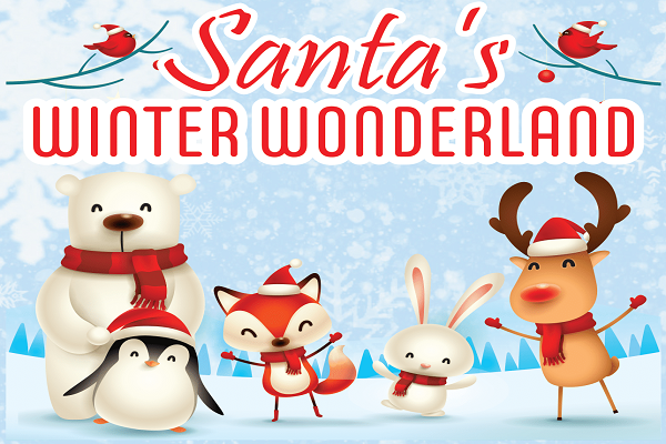 santa's winter wonderland logo with a polar bear penguin fox bunny and reindeer