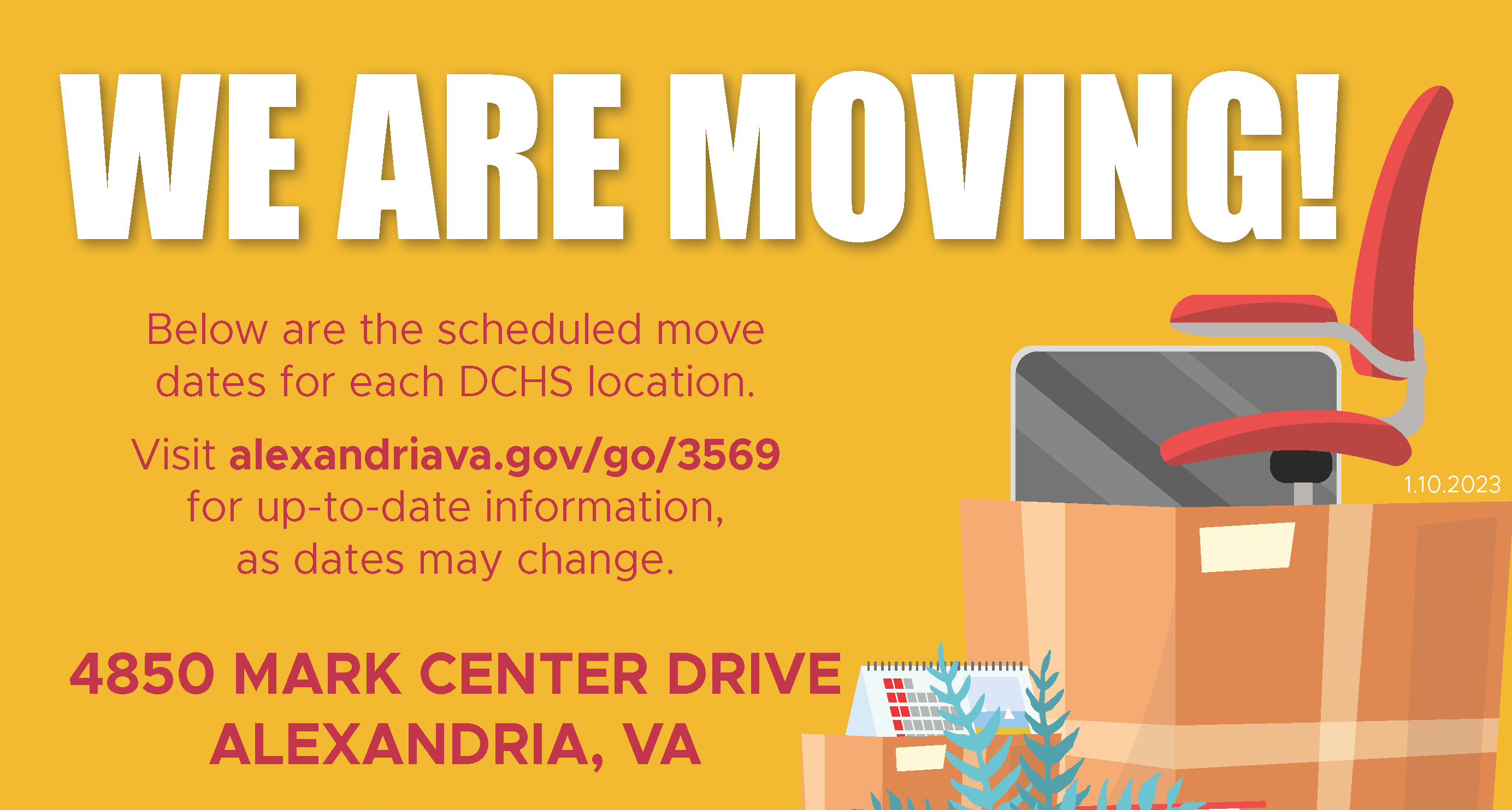 DCHS we are moving sign on an orange backdrop