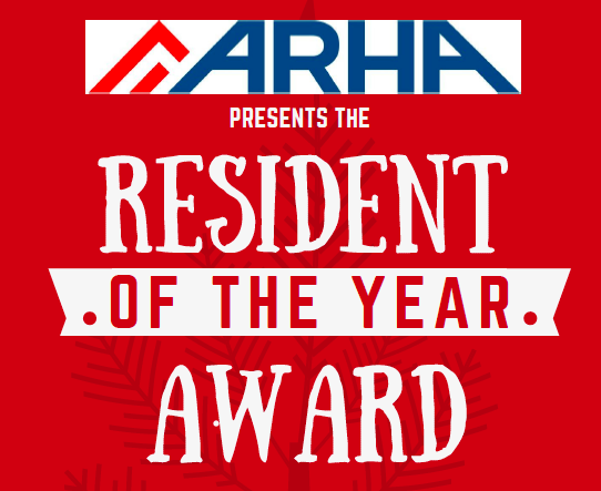 "ARHA presents the resident of the year award" on a red background 