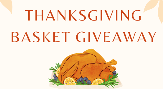 thanksgiving basket giveaway written with a beige background and a cartoon picture of a thanksgiving turkey below it