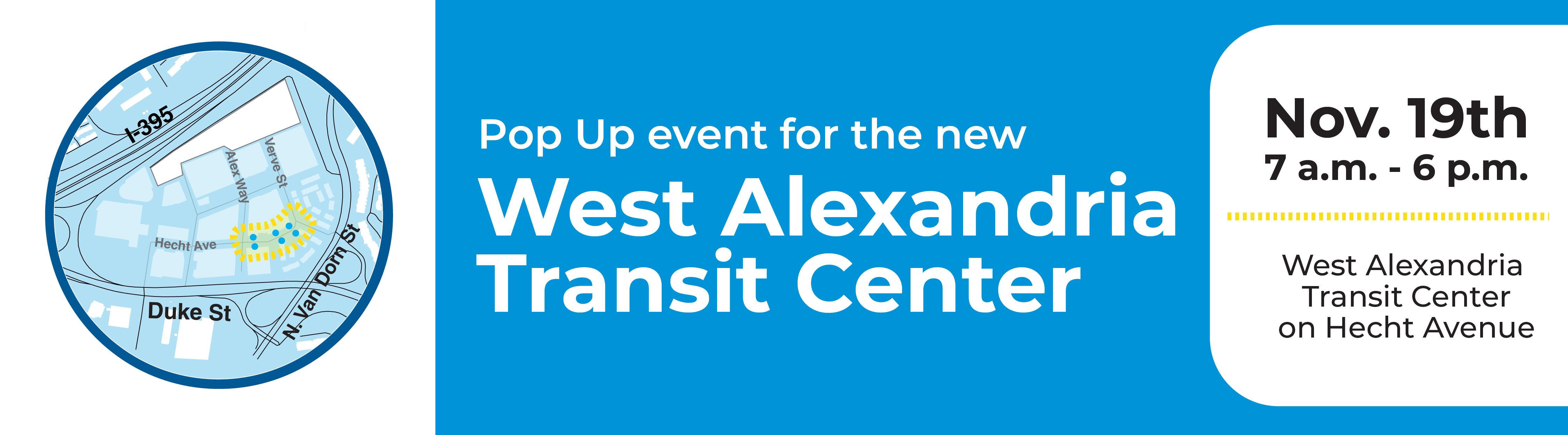banner for the west alexandria transit center pop-up event