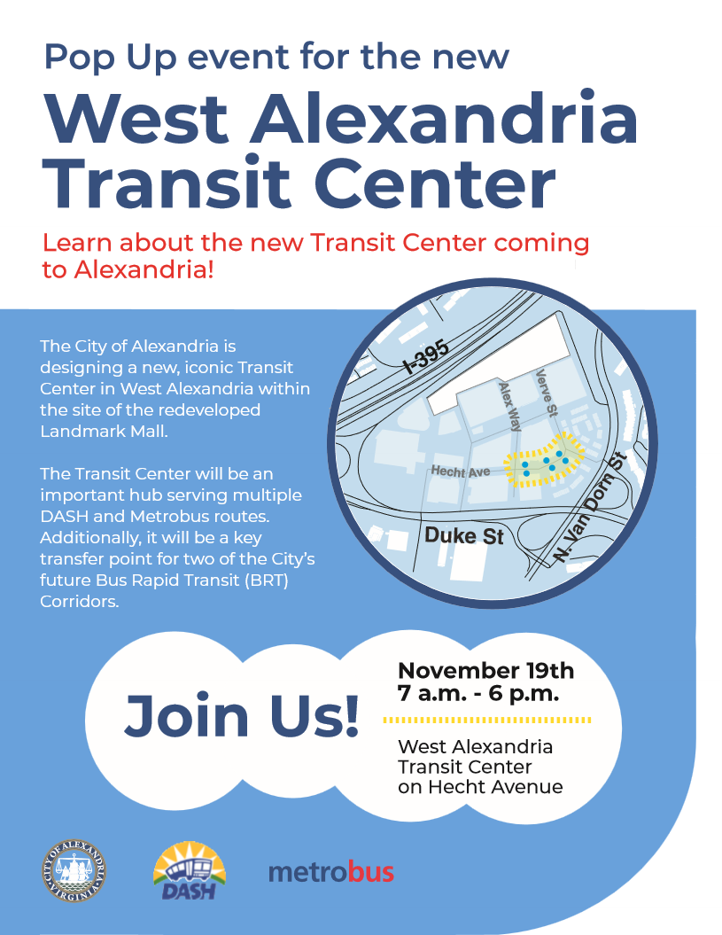 west alexandria transit center pop-up event flyer in english