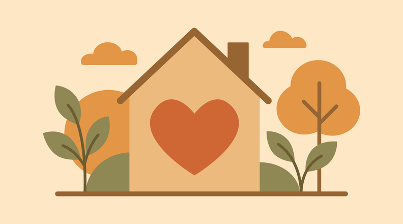 A cozy house with a heart symbol, surrounded by trees and plants in warm earth tones.