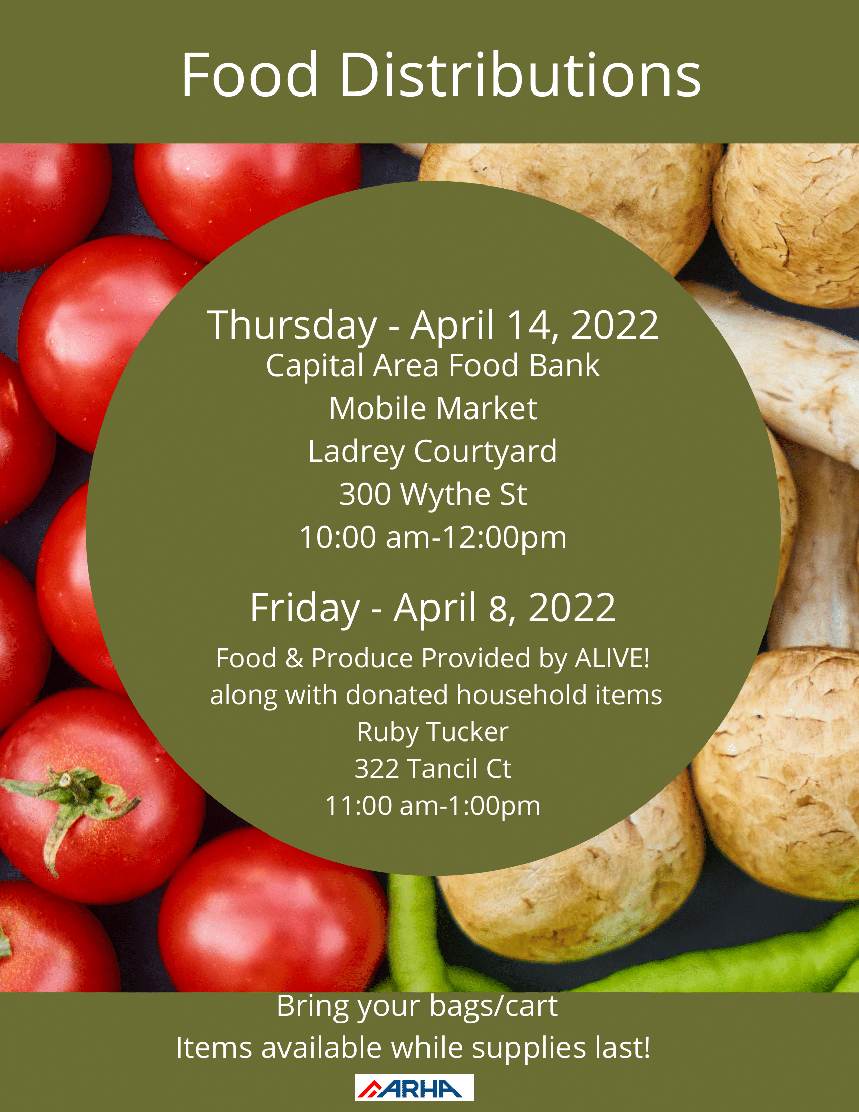 flyer for two food distribution sites: April 8th at Ruby Tucker from 11 am to 1 pm. The second date is April 14 at the Capital Area Food Bank from 10 am to 12 pm
