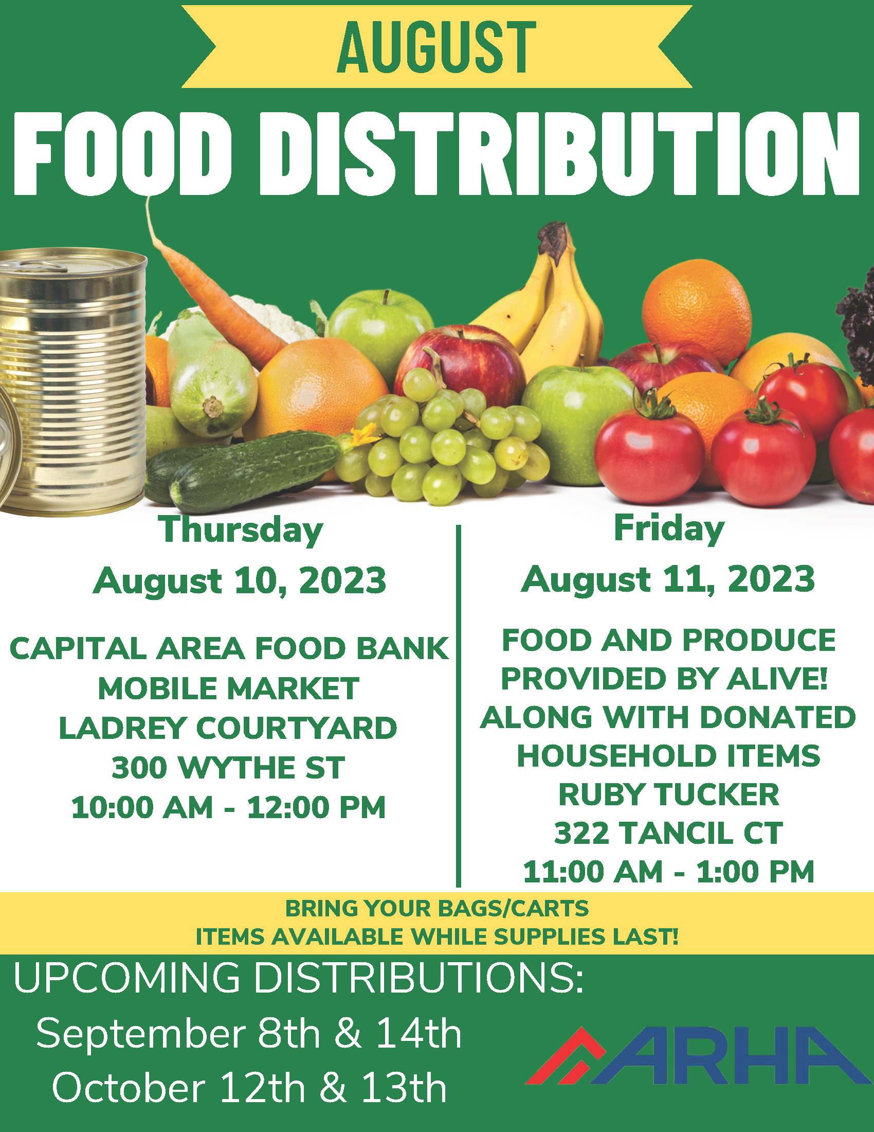 a green and white flyer with the dates and locations of the free food events: august 10 2023 from 10 am to 12 pm, 300 Wythe Street. august 11th 2023 11 am to 1pm, 322 Tancil Court