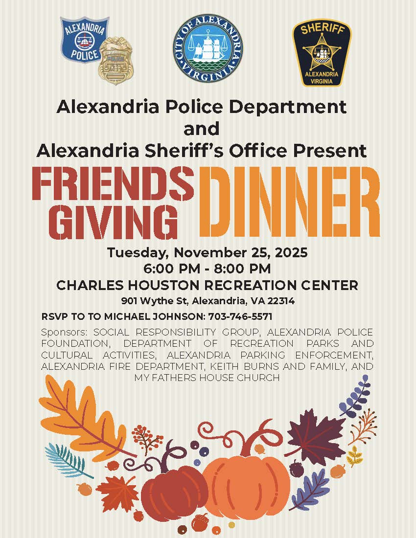 Friendsgiving flyer. Taking place at the Charles Houston Rec Center. Call Michael Johnson at 703-746-5571 to RSVP