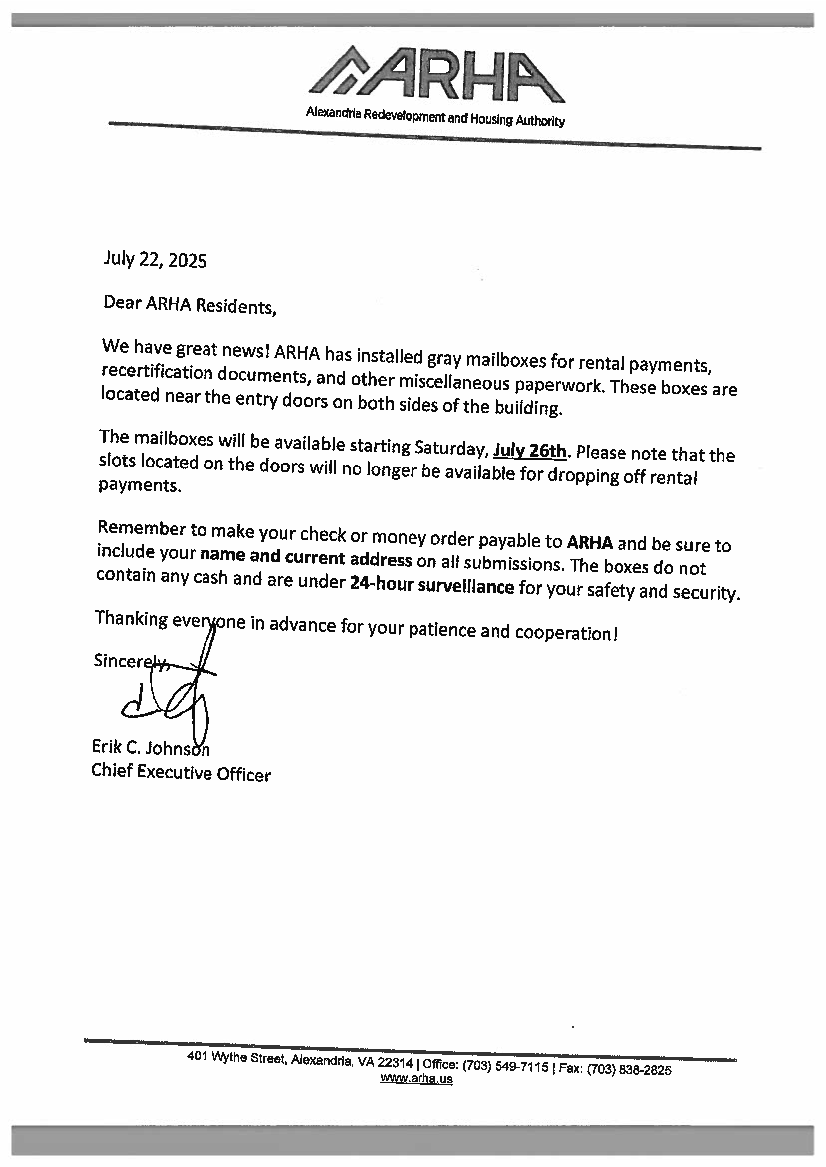 Letter informing residents on new mailboxes outside of the ARHA main office for rent drop off